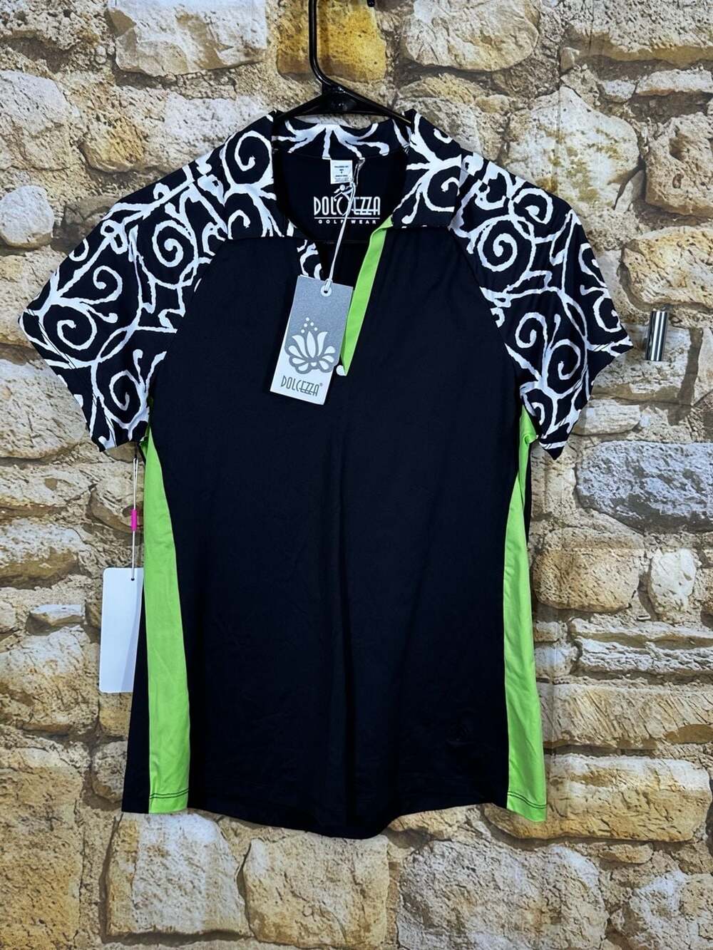 Dolcezza Golf Wear  Polo Shirt - Black and White Patterned with Lime Green Trim